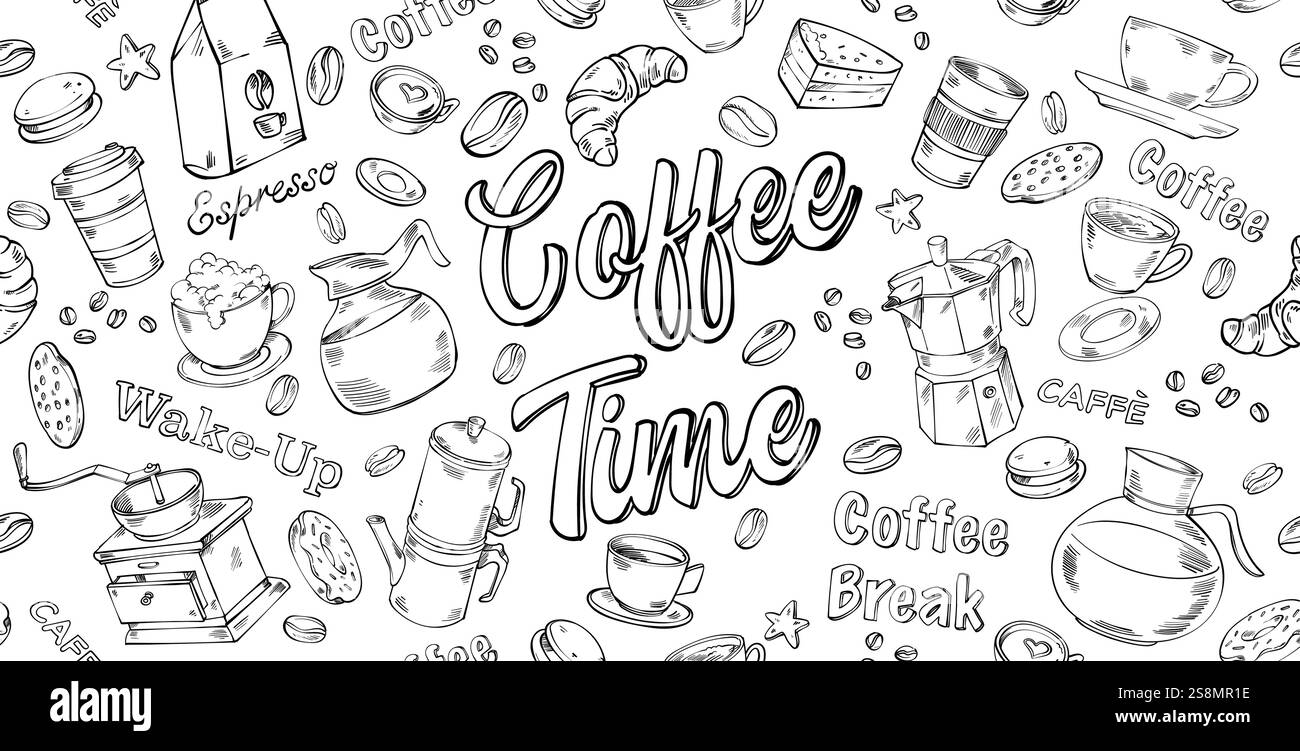Doodle Coffee Shop background. Icona del set disegnato a mano. illustrazione vettoriale Illustrazione Vettoriale