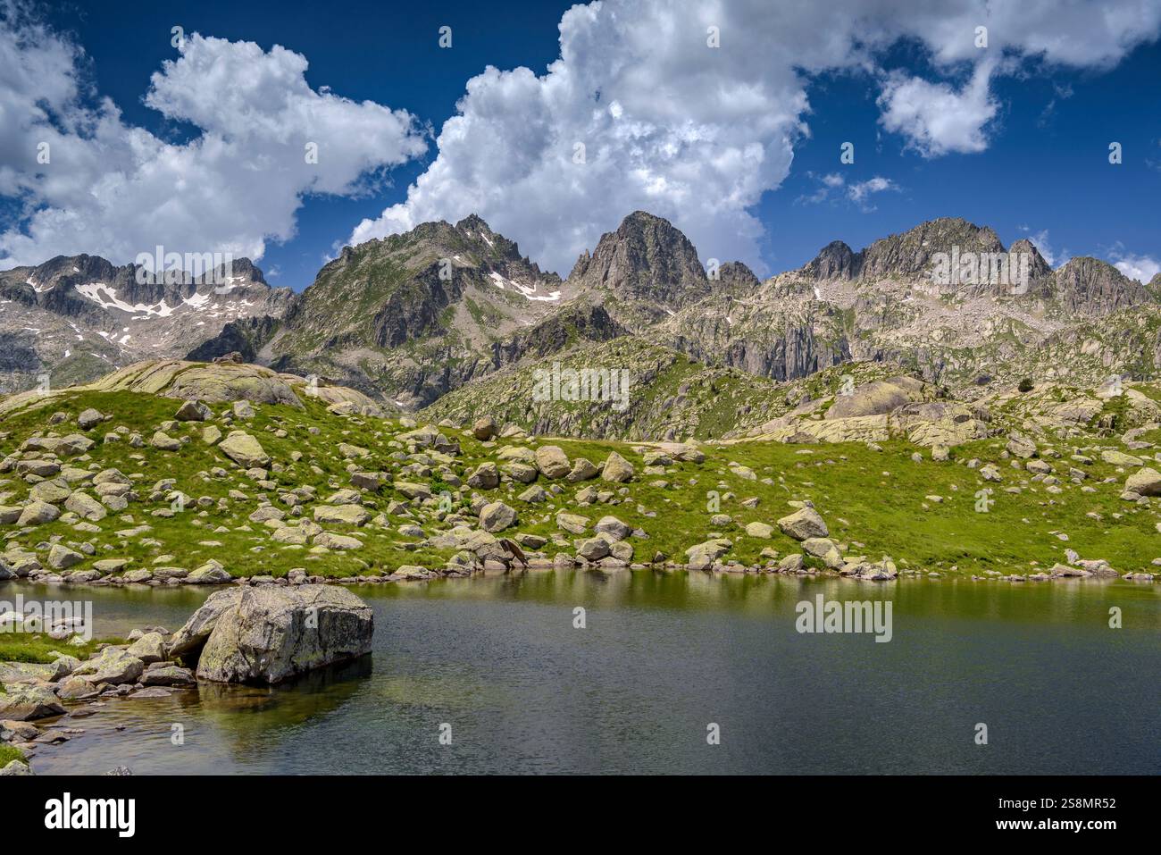 Besiberris e la catena montuosa della Tumeneia (Punta Harlé, Pa de Sucre e Tumeneia) visti dal Pletiu de Travessani (Vall de Boí, Lleida, Spagna) Foto Stock