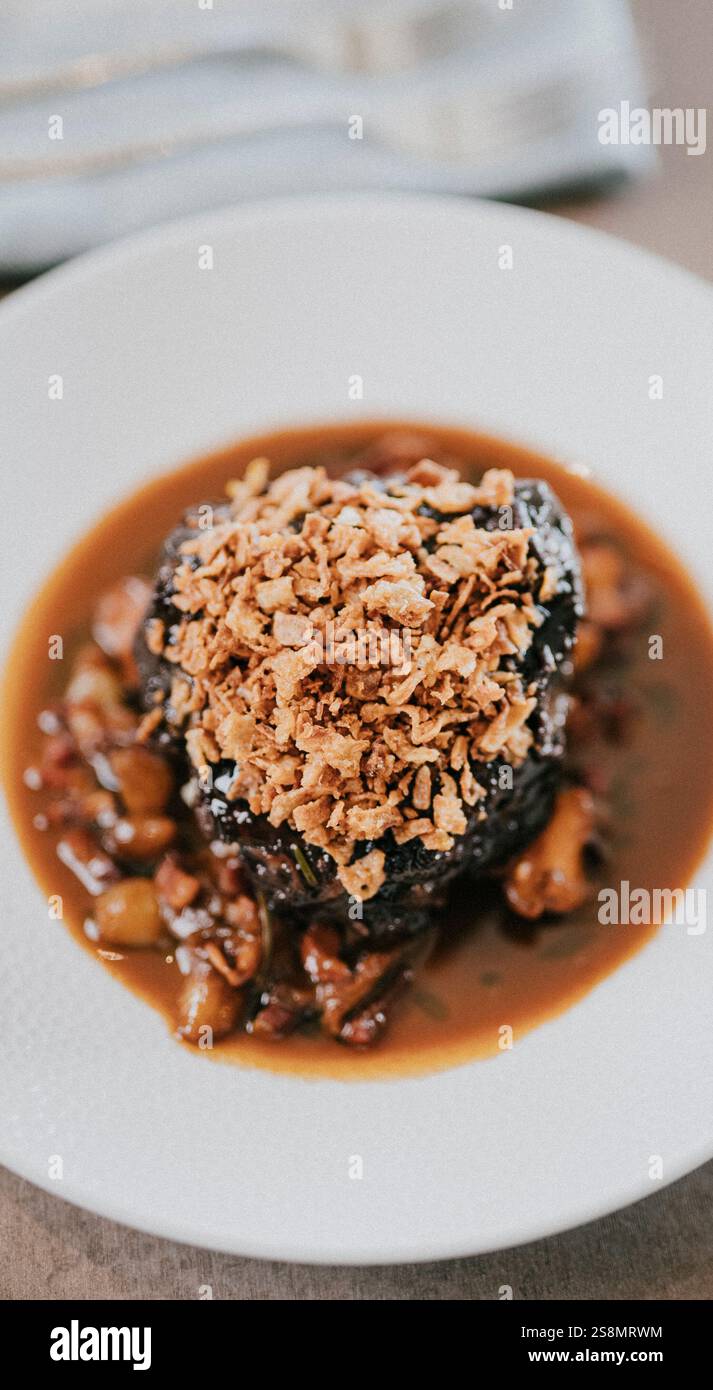 Un pasto delizioso con un condimento marrone sopra. Il piatto è bianco e il cibo è marrone. Il piatto sembra appetitoso e invitante Foto Stock