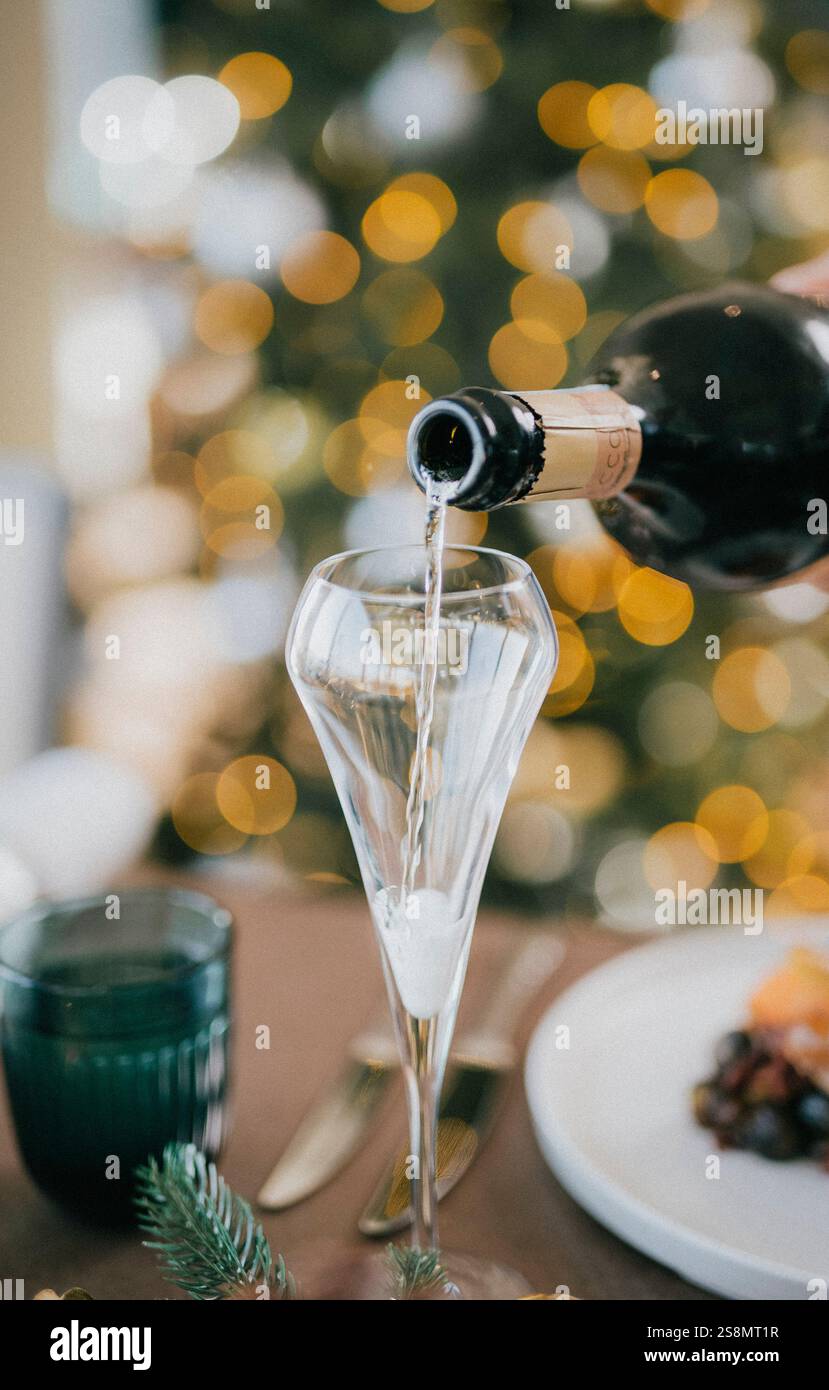 Una persona sta versando champagne in un bicchiere. L'immagine ha uno stato d'animo festivo, in quanto è probabile che venga servita a una festa o a una festa Foto Stock