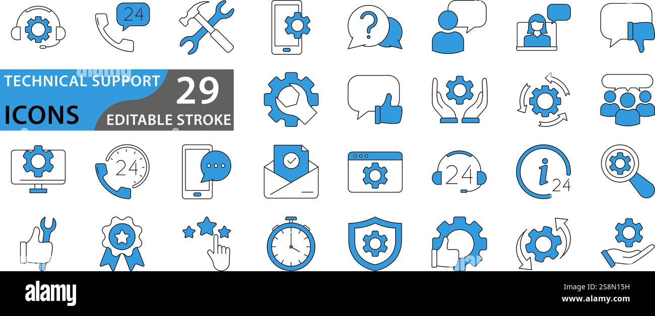 Set di icone del supporto tecnico. Serie di icone relative a tecnico, configurazione, ripetizione, attività. Imposta raccolta icone. Raccolta di icone del supporto tecnico. Modifica Illustrazione Vettoriale