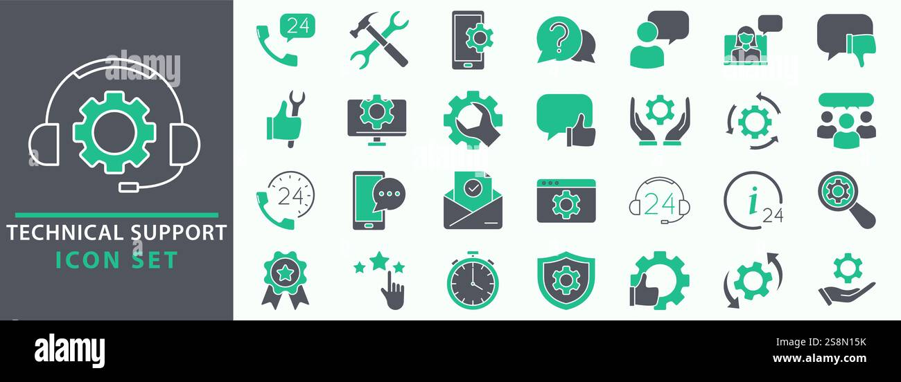 Set di icone del supporto tecnico. Serie di icone relative a tecnico, configurazione, ripetizione, attività. Imposta raccolta icone. Raccolta di icone del supporto tecnico. Modifica Illustrazione Vettoriale