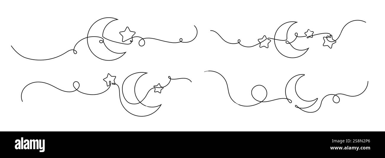 Linea continua a mezzaluna. Disegno lunare di una linea, simbolo arabo Ramadan Kareem in semplice stile lineare. Segnale di contorno del sonno, mezzaluna con set di vettori di stelle. Illustrazione Vettoriale