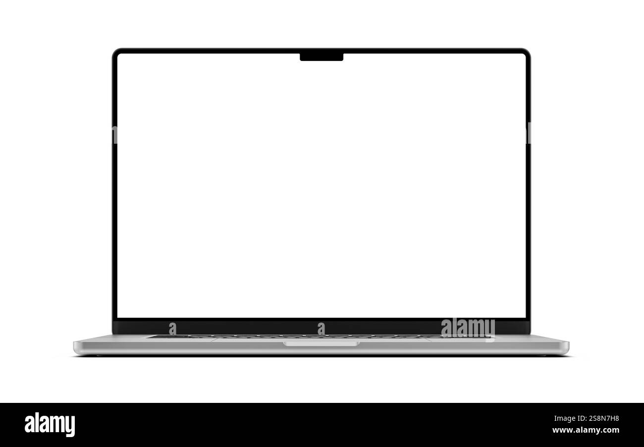 Notebook con schermo vuoto, visualizzato in varie prospettive. Perfetto per mostrare progetti, interfacce o come mockup di prodotti. Foto Stock