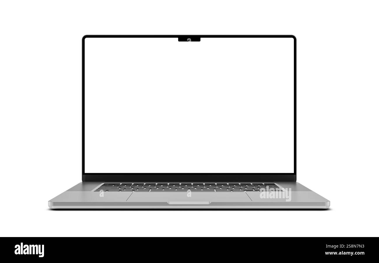 Notebook con schermo vuoto, visualizzato in varie prospettive. Perfetto per mostrare progetti, interfacce o come mockup di prodotti. Foto Stock