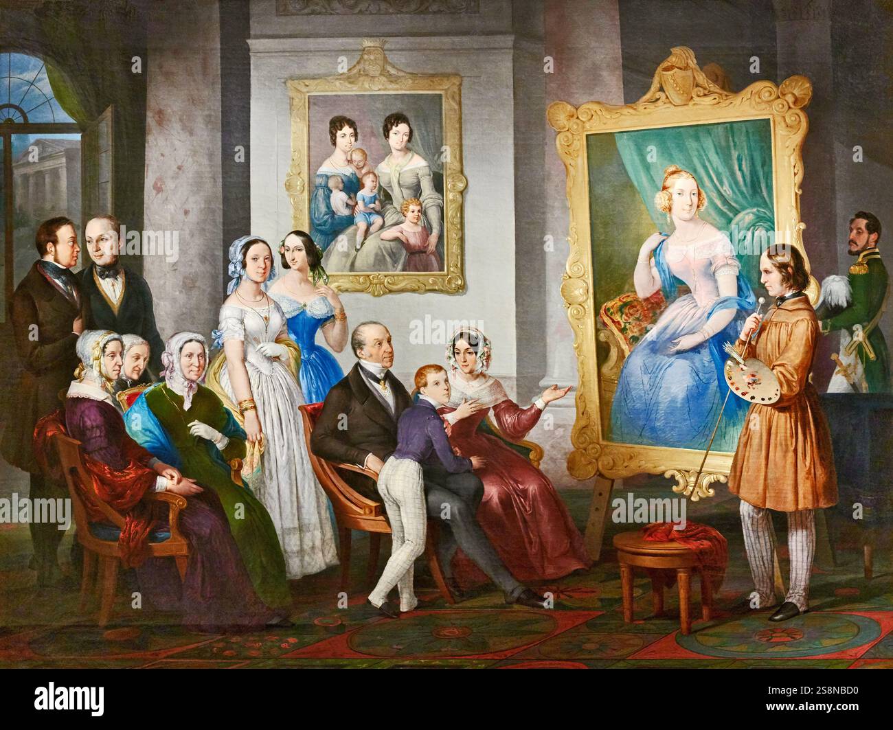 Il pittore Giovanni Busato presenta il ritratto della defunta moglie Marianna d'Ambra al marito Gian Giorgio Trissino dal Vello d'Oro e alla famiglia Foto Stock