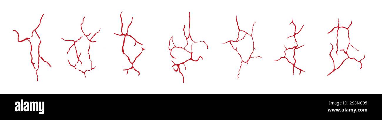 Silhouette di superfici e trame graffiate. Gruppo di incrinature su vetro, strade rotte o oggetti fratturati. Illustrazione Vettoriale