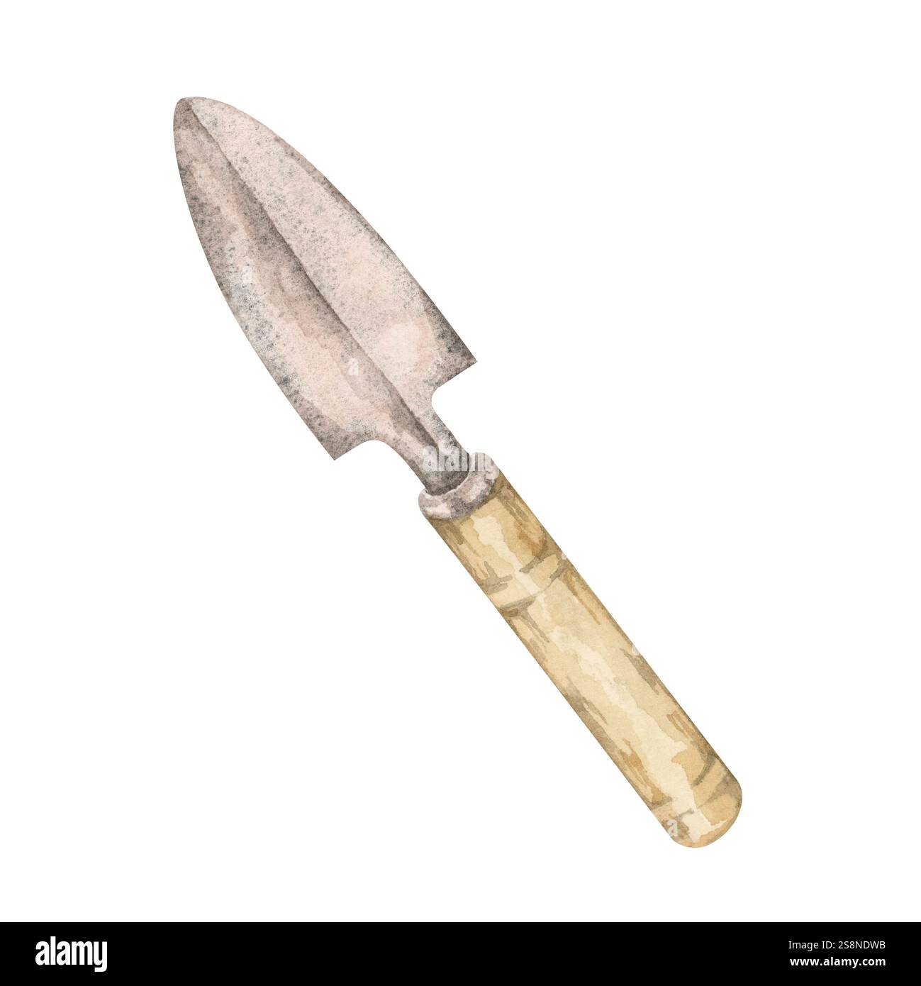 Una piccola cazzuola da giardinaggio con manico in legno. Pala metallica arrugginita clipart acquerello. Perfetto per design a tema giardino, modelli artigianali rustici o marchi e merchandising ecologici Foto Stock