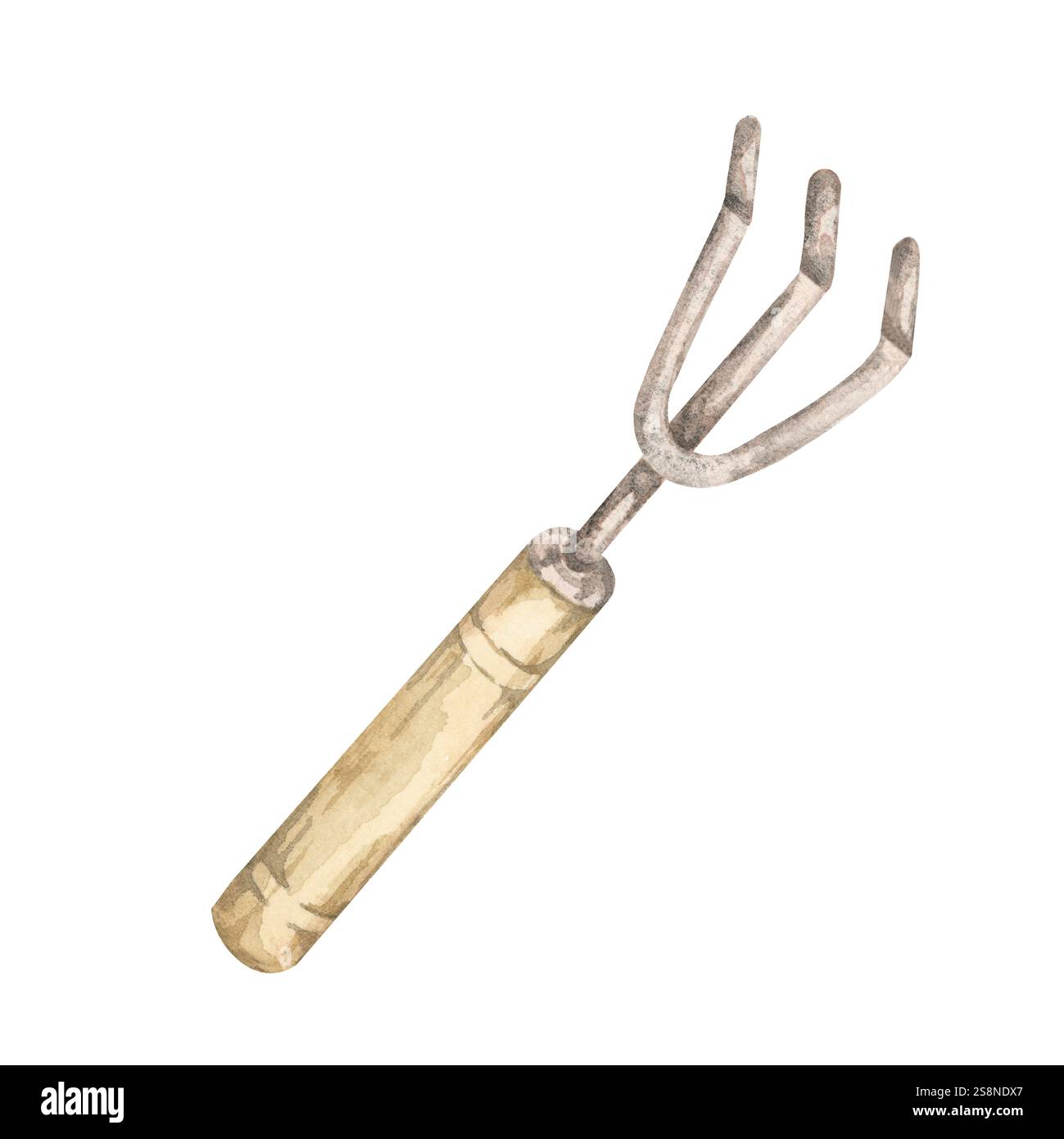 Un coltivatore a mano con manico in legno. Illustrazione acquerello dello strumento forca da giardinaggio. Ideale per motivi a tema giardinaggio, design di utensili per esterni o decorazioni rustiche per progetti di stampa e digitali Foto Stock