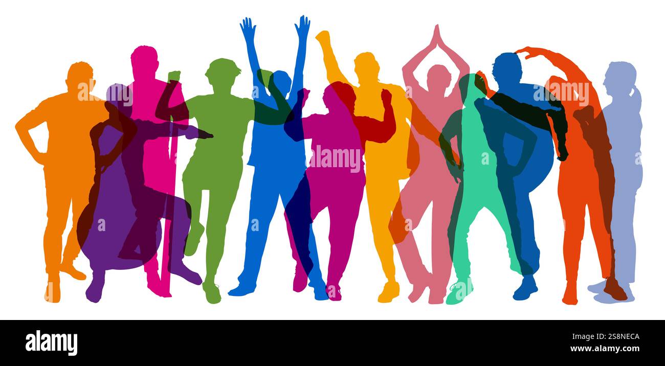 Panorama di sagome colorate di anziani che fanno sport come concetto di salute Foto Stock