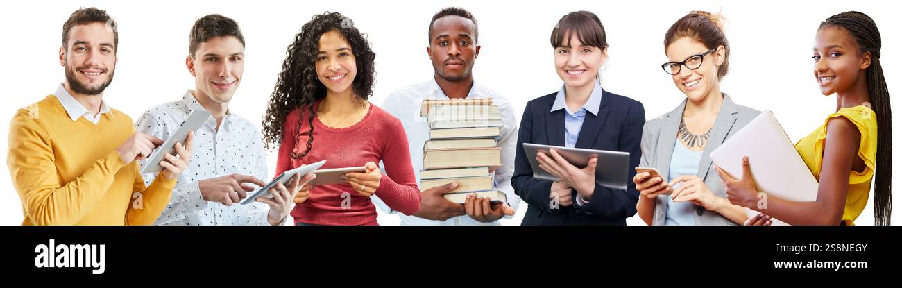 Collage di giovani con materiali di apprendimento come concetto di studio e formazione Foto Stock