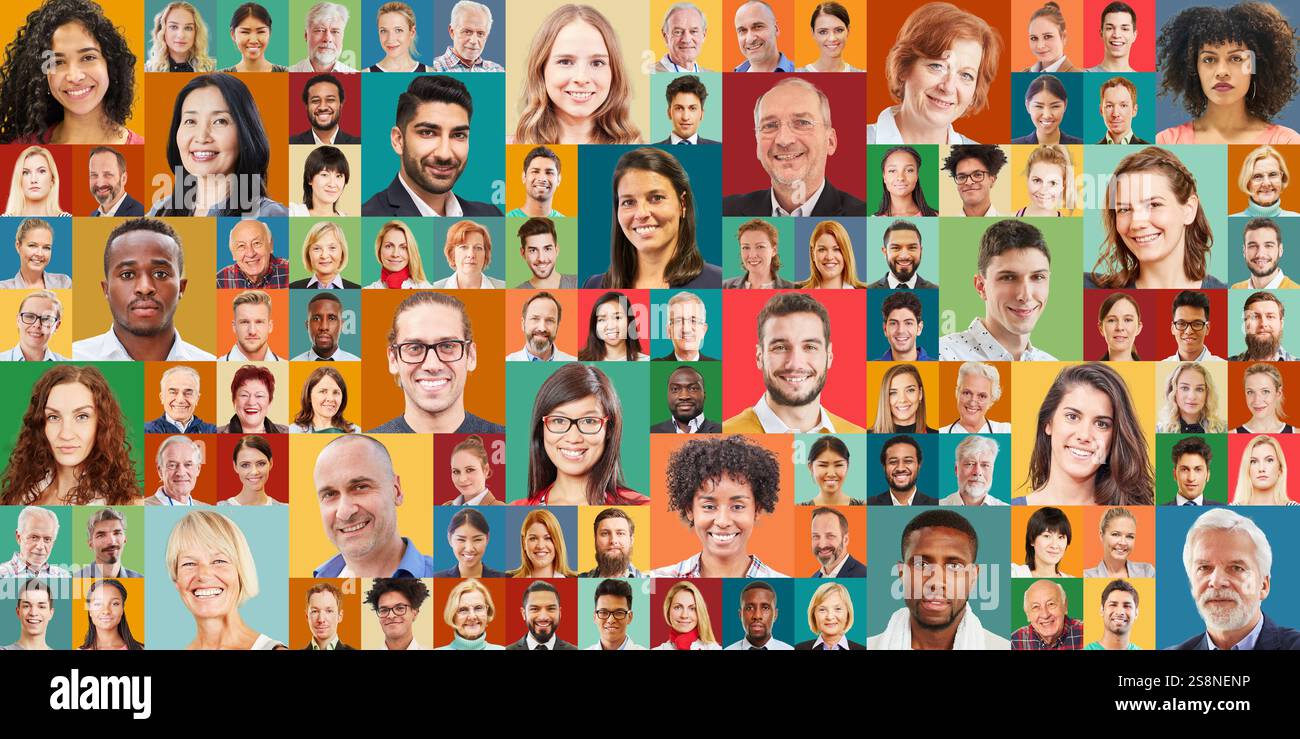 Ritratti quadrati in varie dimensioni di persone adulte diverse Foto Stock