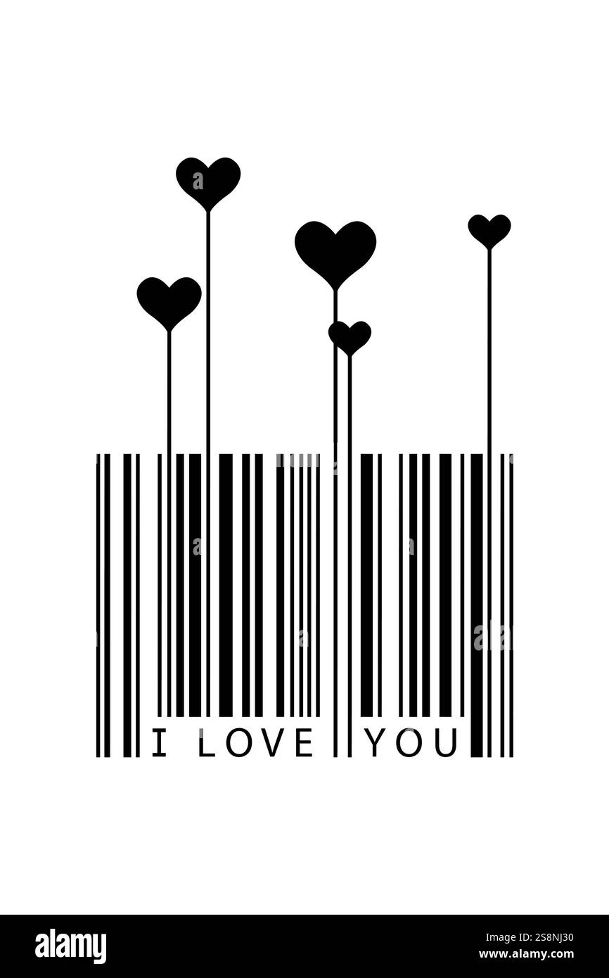 Concetto di San Valentino, design creativo di codici a barre, testo e simboli a cuore i Love You, silhouette con logo vettoriale nero isolata su sfondo bianco Illustrazione Vettoriale