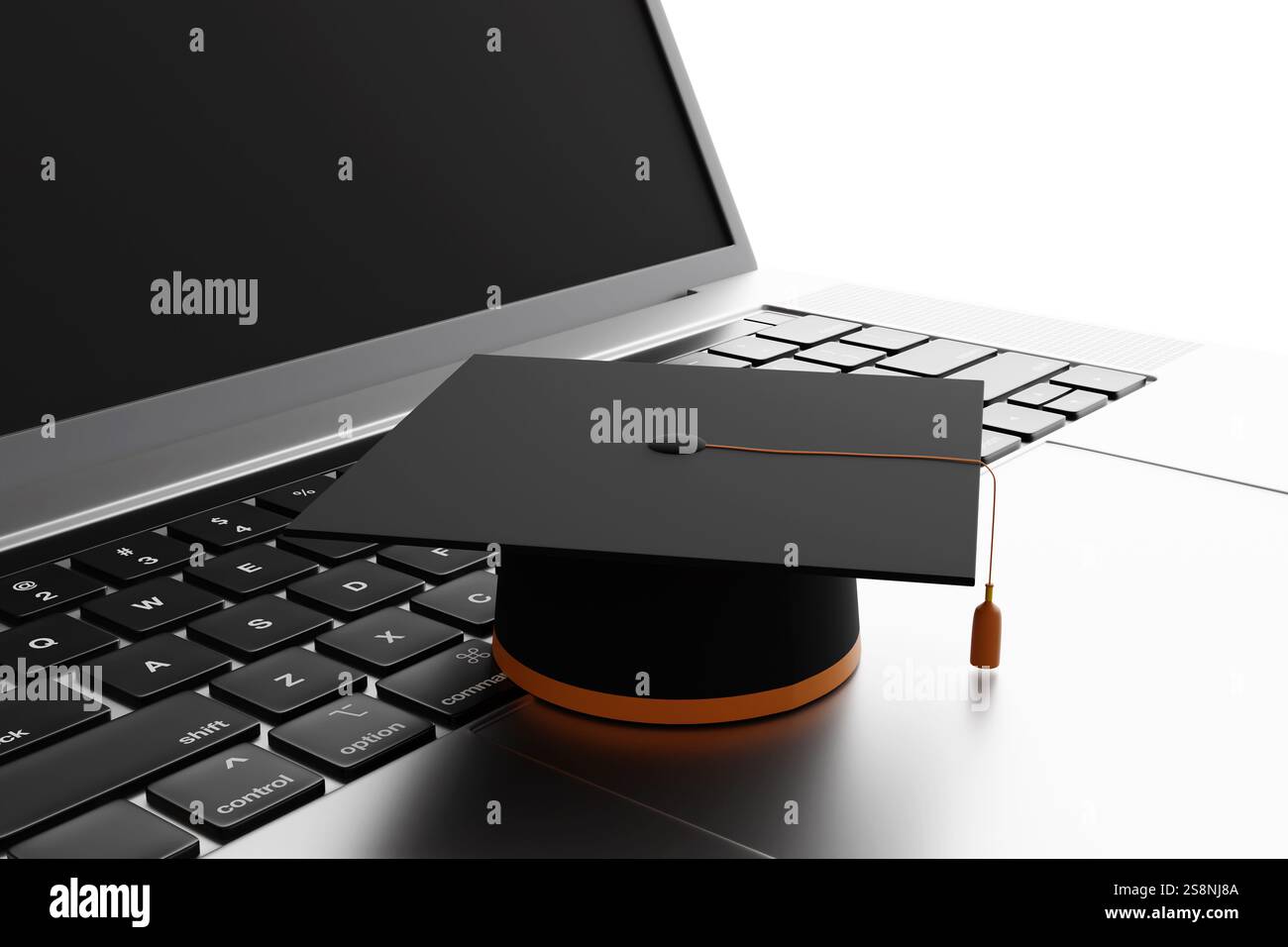 Modello di cappello graduato su un notebook color argento con sfondo bianco brillante. Lavoro e impiego di laureati e percorsi di carriera Foto Stock