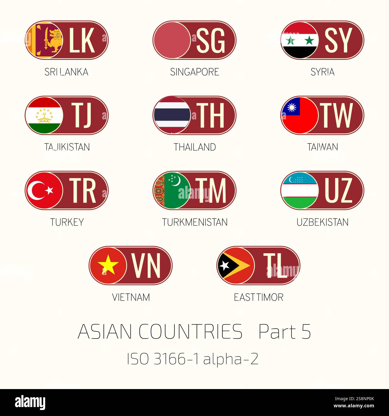 Serie di illustrazioni vettoriali di ISO 3166 1 alpha 2 e bandiere di paesi asiatici. Parte 5. Illustrazione Vettoriale