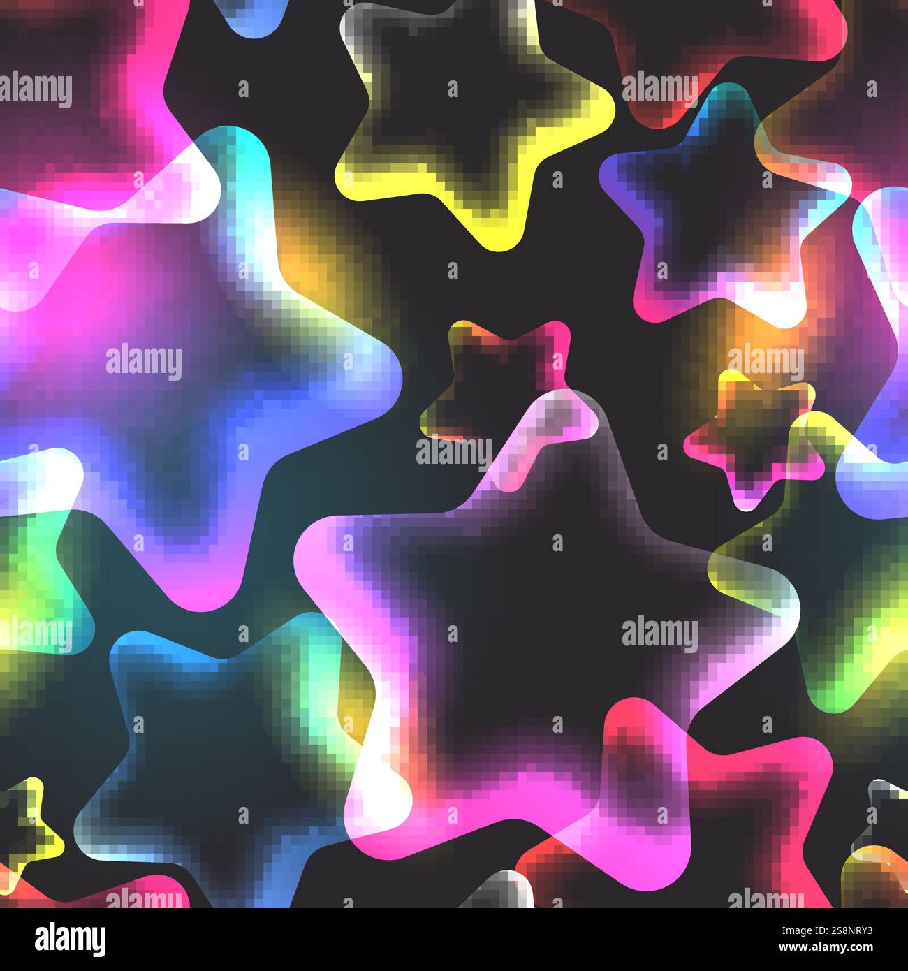 Il gradiente luminoso trasparente è un motivo a stelle senza cuciture. Illustrazione in vetro 3d vettoriale. Sfondo colorato e alla moda. Stampa tessile moda, tessuto, W Illustrazione Vettoriale