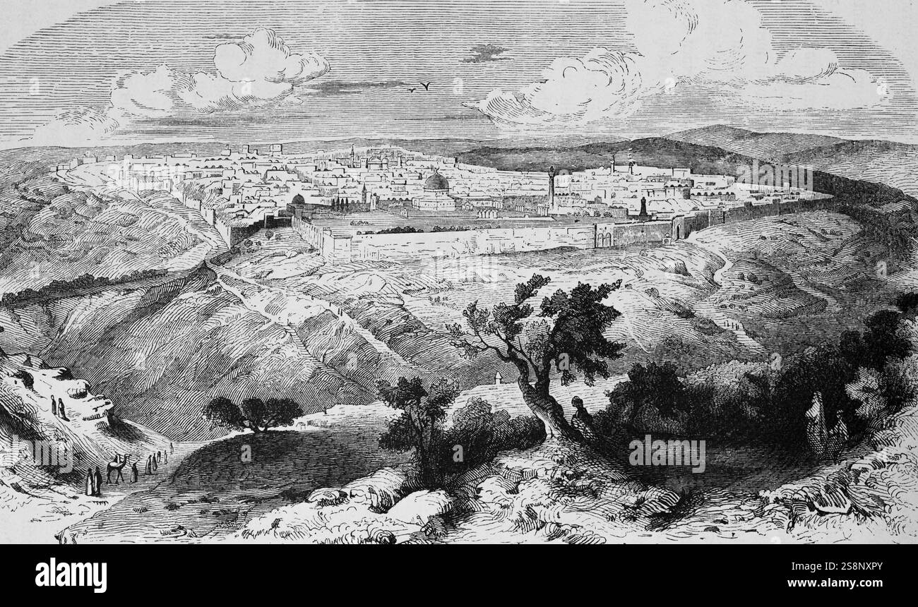 Paesaggio urbano di Gerusalemme, vista dall'alto dal Monte degli Ulivi, Monte degli Ulivi, altopiano, mura della città, menzionate nella Bibbia, viaggiando in Asia, ISR Foto Stock