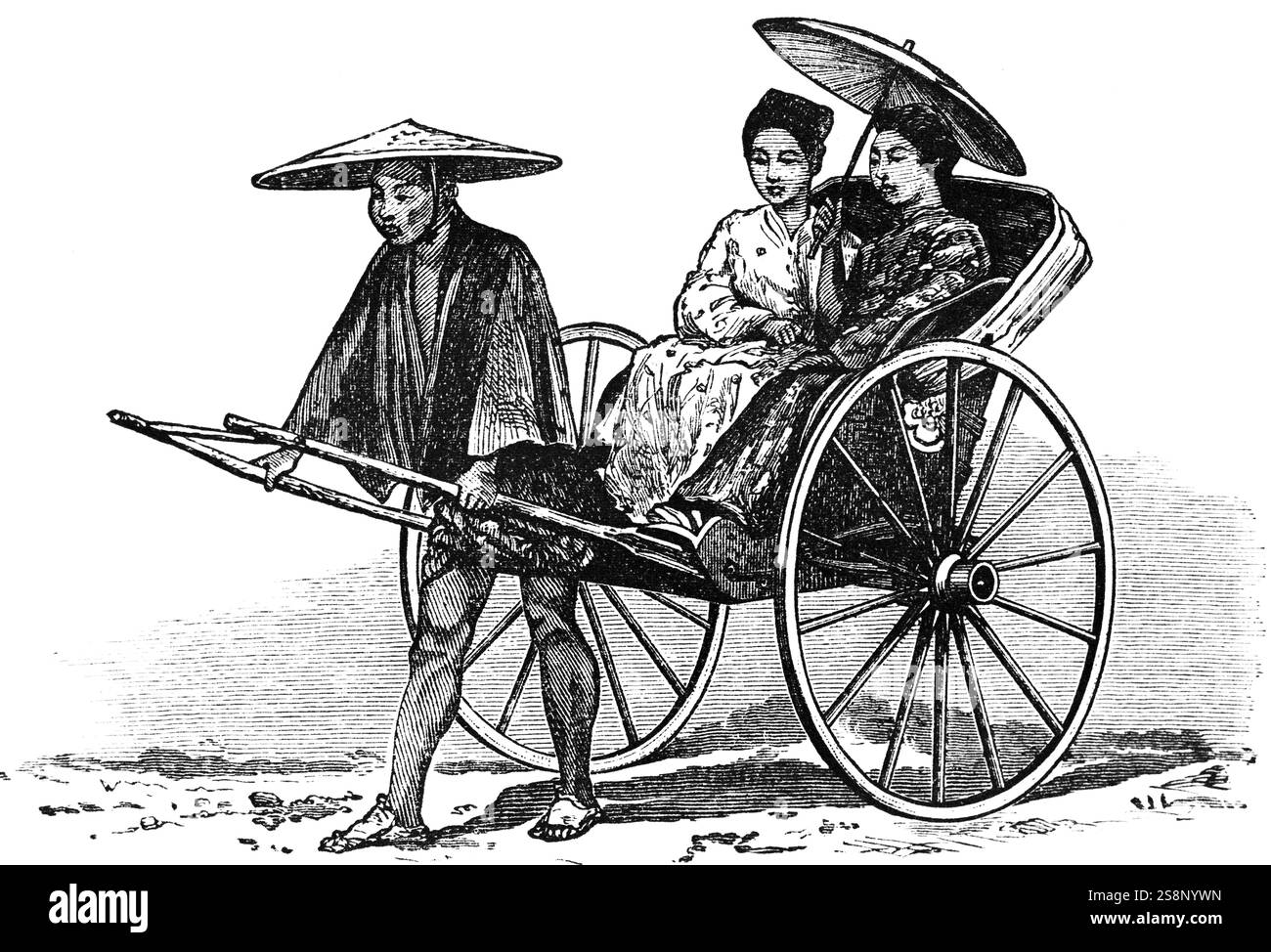 Risciò o corsa risciò, invenzione giapponese alla fine del XIX secolo per il trasporto di persone, due donne con ombrelloni, uomo con cappello sole pul Foto Stock