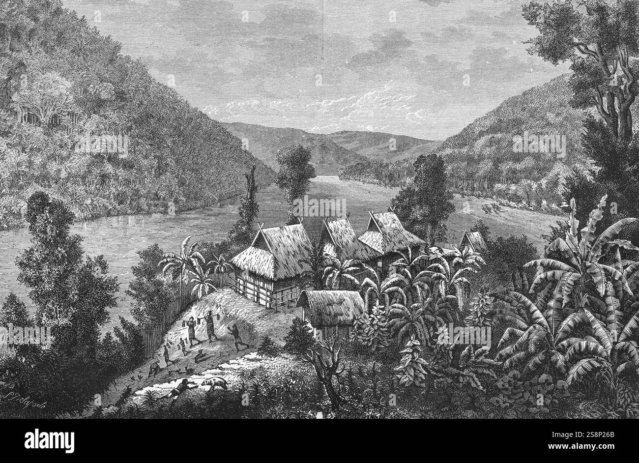 Piante di banane in Cambogia, lungofiume, paesaggio montano, piantagione, clima tropicale, lavoratori, case con tetto di paglia, viaggi nel sud-est asiatico, histor Foto Stock