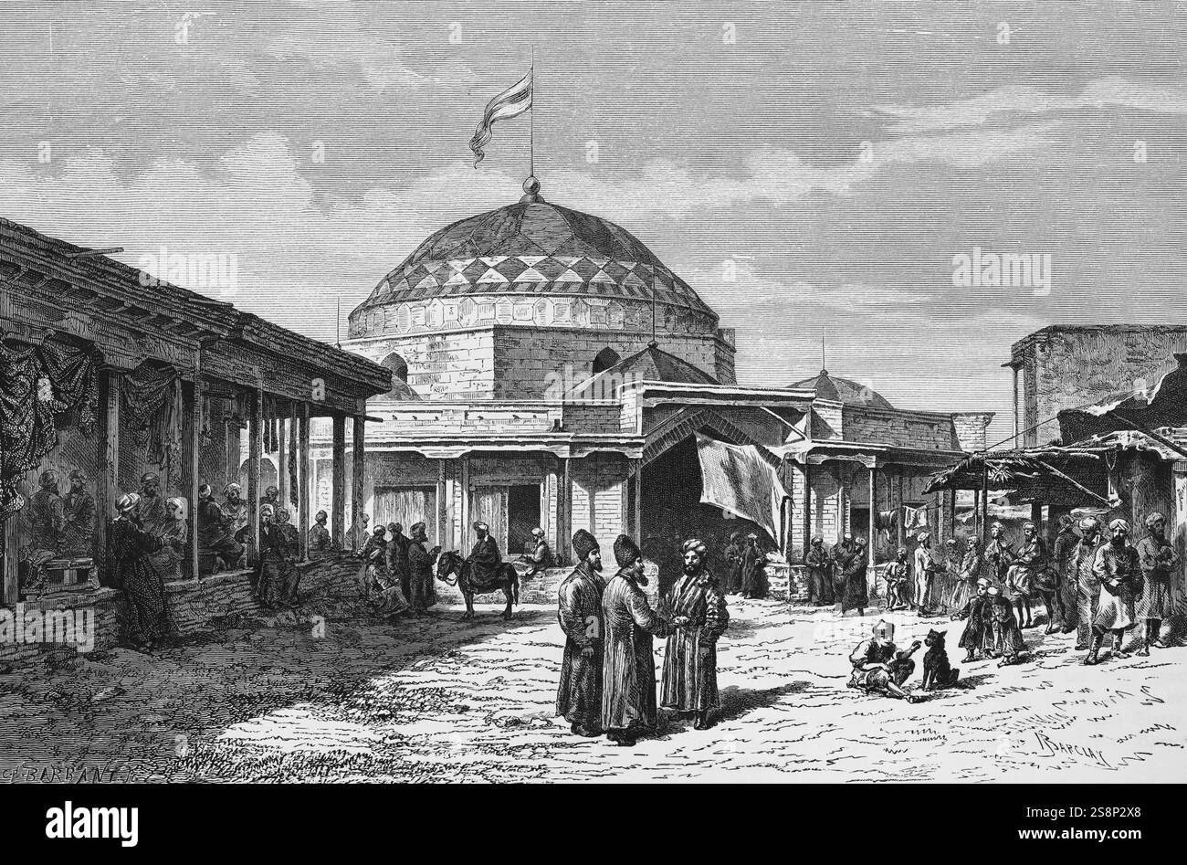 Bazar di Samarcanda, moschea a cupola, bandiera, mercato, negozi, commercio, commerciante, piazza, folla, viaggi in Asia, Uzbekistan, illustrazione storica 1887, Foto Stock