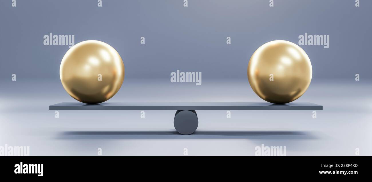 Due grandi palline su scala, illustrazione 3D. Foto Stock