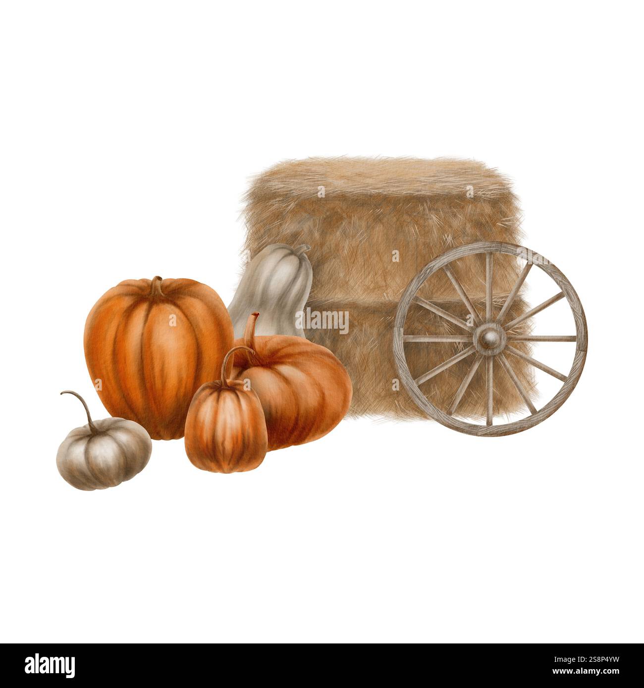 Modello autunnale di balle di fieno, zucche grigie e arancioni e una ruota in legno del carrello come simbolo della festa del raccolto. L'illustrazione ad acquerello è Foto Stock