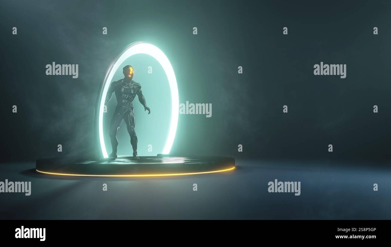 Uomo in anello portale di fantascienza, illustrazione 3D. Foto Stock