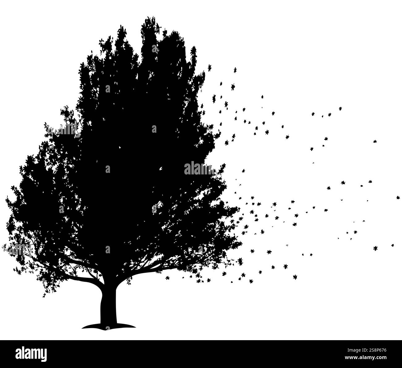 Un'illustrazione di un albero nero con foglie volanti, simbolo del dolore Foto Stock