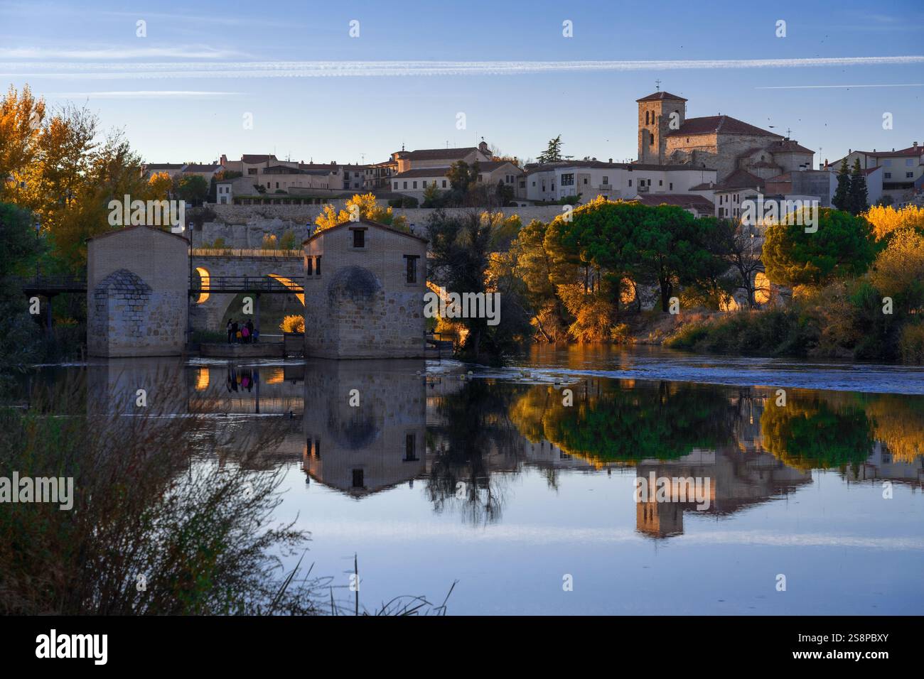 Vista della città di Zamora, dei mulini ad acqua e della chiesa di San Pedro sullo sfondo in autunno al tramonto riflesso nel fiume Foto Stock