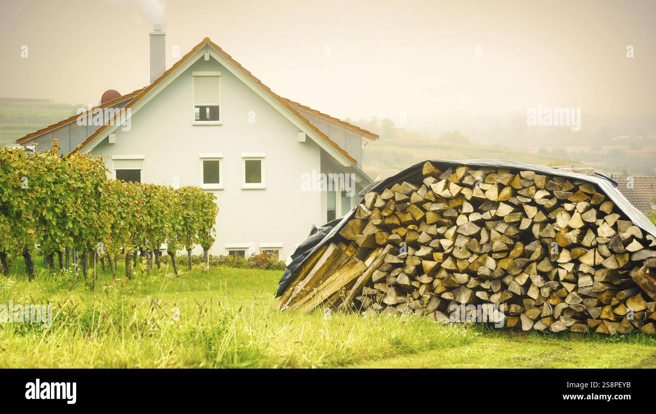 Riscaldamento domestico con vista autunnale all'aperto in legno Foto Stock