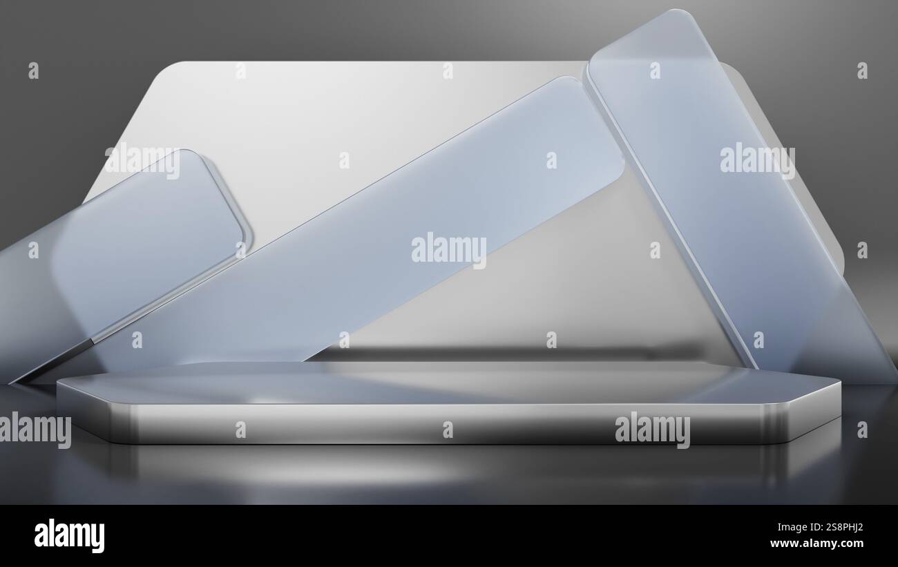 Visualizza lo sfondo con elementi di vetro sfocati. Illustrazione 3D Foto Stock