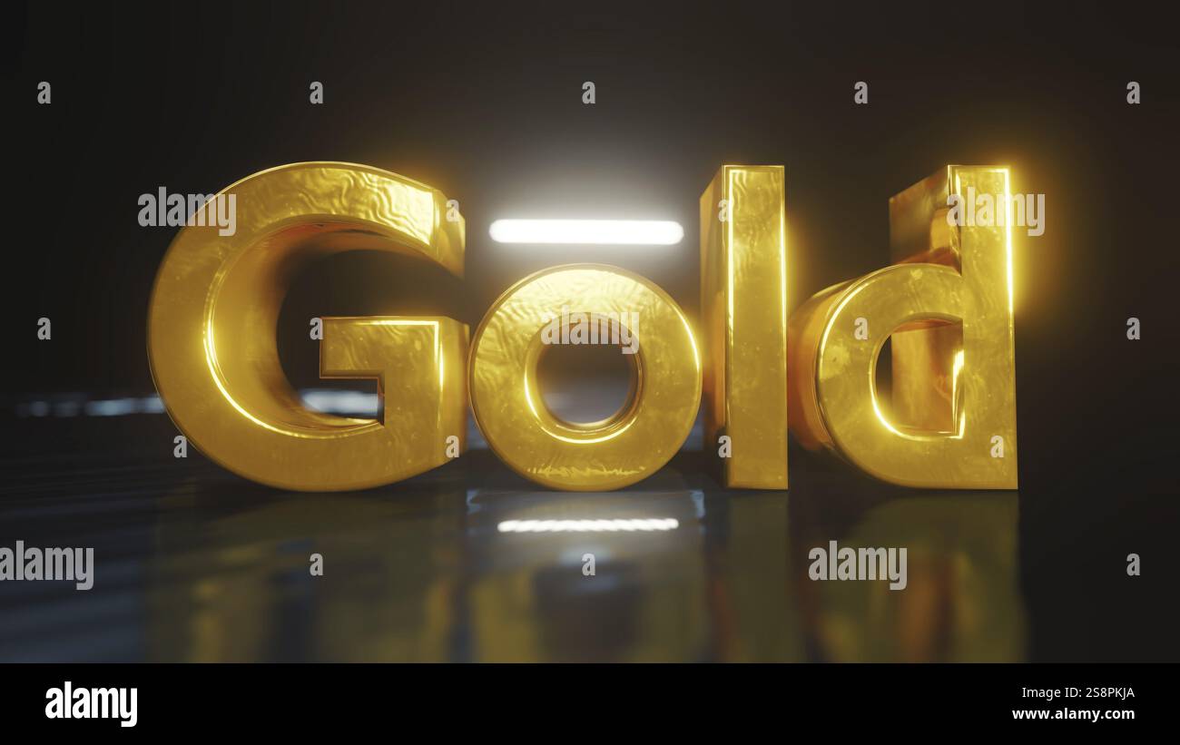 La parola oro in lettere dorate illustrazione 3D. Foto Stock
