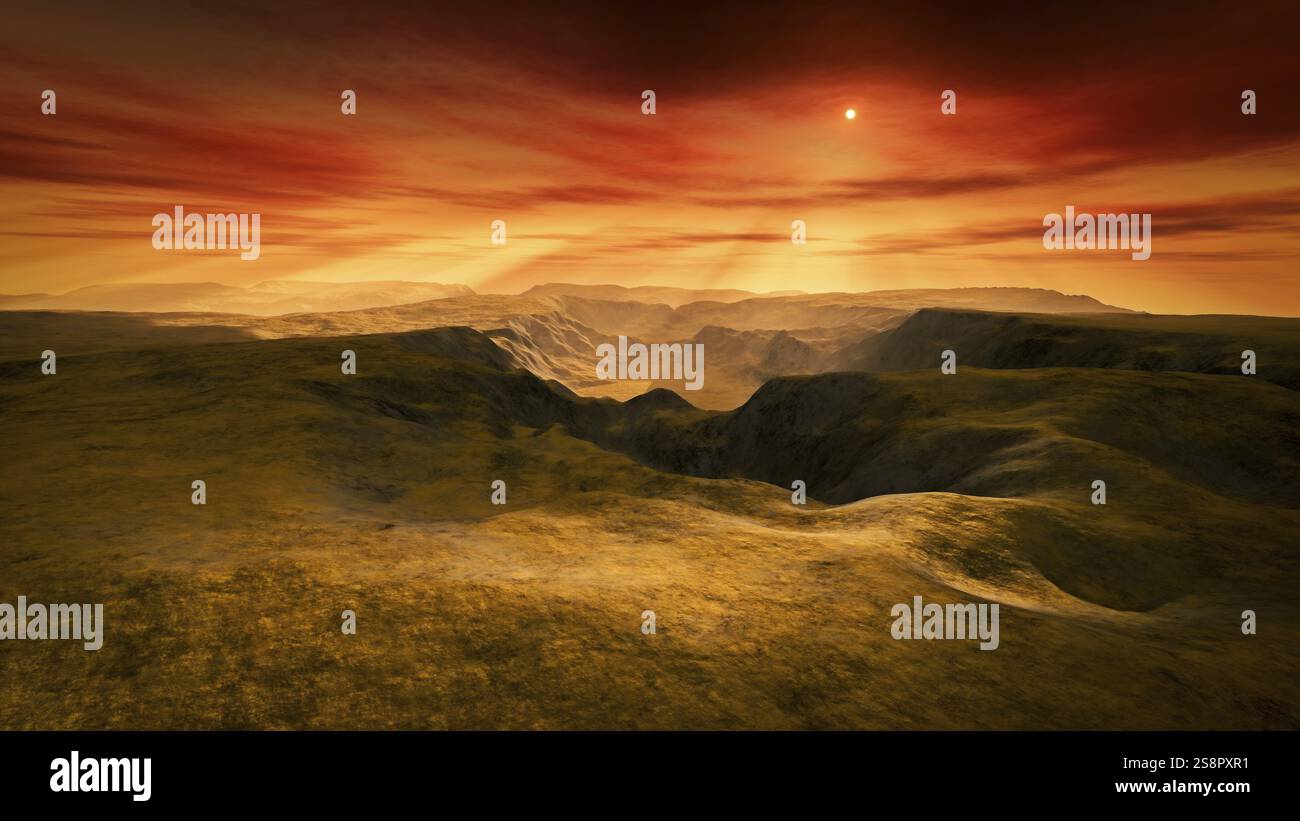 Paesaggi artistici fantasiosi al tramonto nel deserto. Illustrazione 3D. Foto Stock