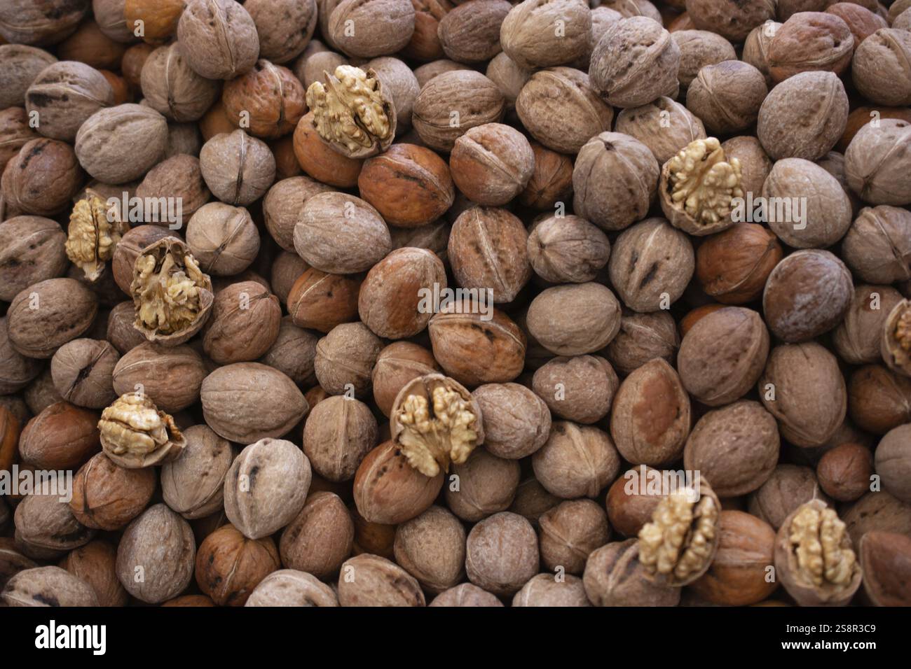 Tutto lo sfondo delle noci. Sano concetto di cibo organico Foto Stock