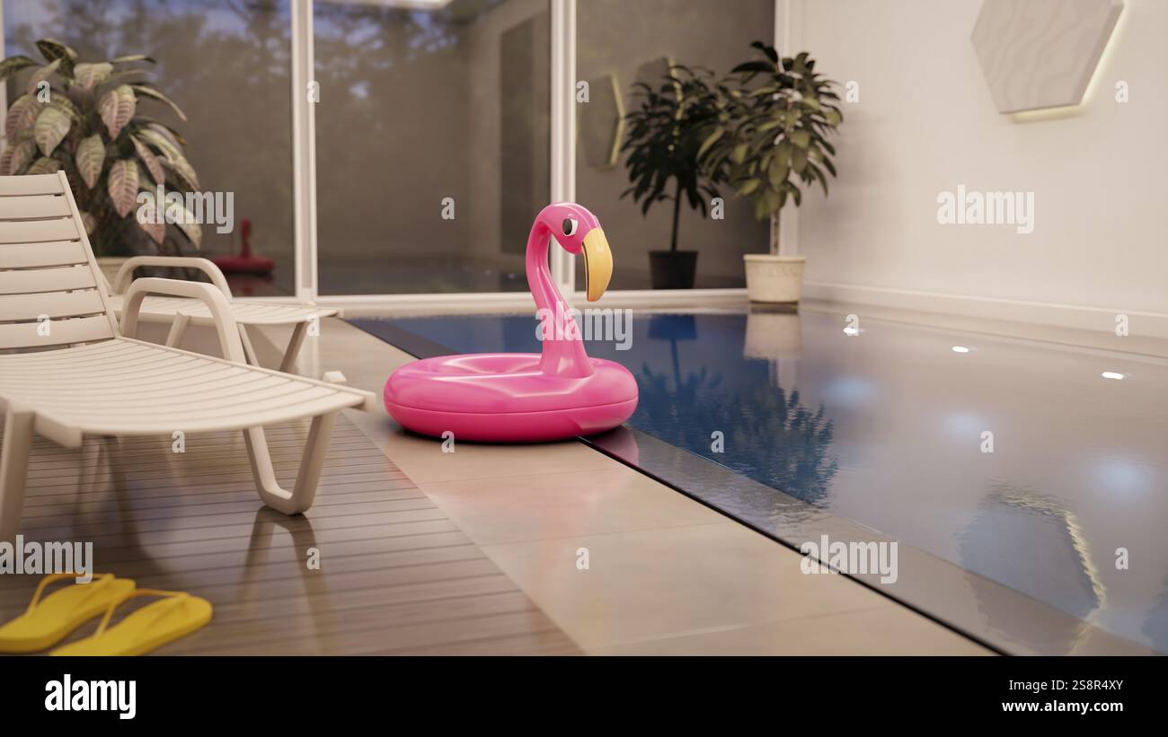 Una piscina interna con un fenicottero rosa. Illustrazione 3D Foto Stock