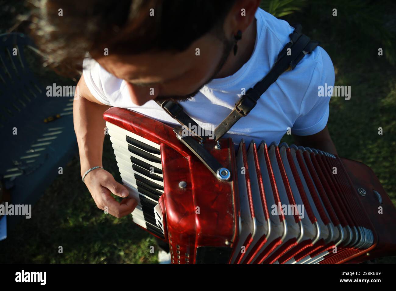 Mani sulla tastiera della fisarmonica Foto Stock