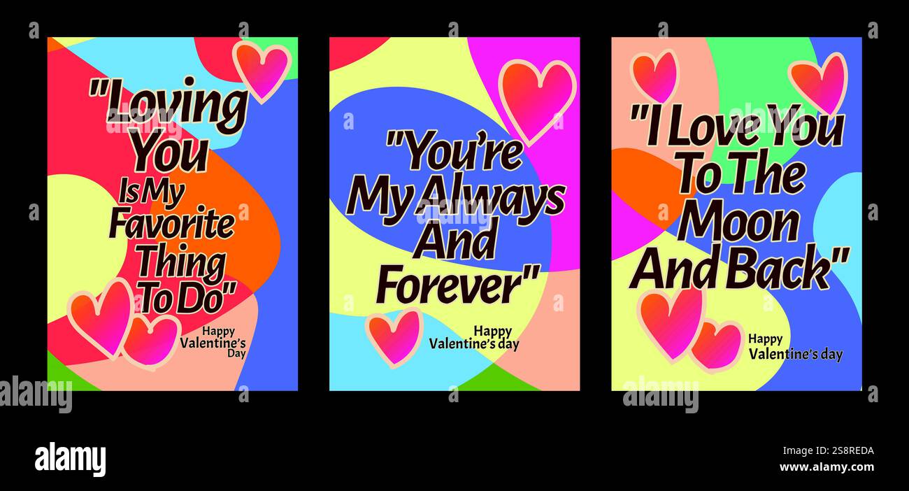 Audaci modelli di San Valentino dal cuore con moderni sfondi pastello. Un set di biglietti d'auguri di San Valentino con testo di esempio, cuori rossi e backgr astratto Illustrazione Vettoriale