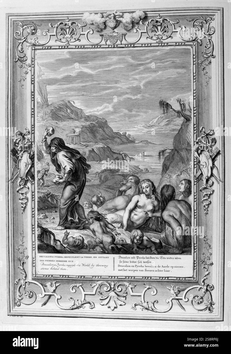 Deucalione sopravvive il diluvio con sua moglie, Pyrrha. Le illustrazioni incise da 'il Tempio delle muse", 1733. Questo libro ha rappresentato un notevole eventi dell antichità disegnato e inciso da Bernard Picart (1673-1733). Nella mitologia greca, Deucalione figlio di Prometeo, è strettamente connesso con il diluvio il mito secondo il quale la rabbia di Zeus è stata innescata dall'arroganza dei Pelasgi. Egli sopravvive il diluvio con sua moglie, Pyrrha. Foto Stock