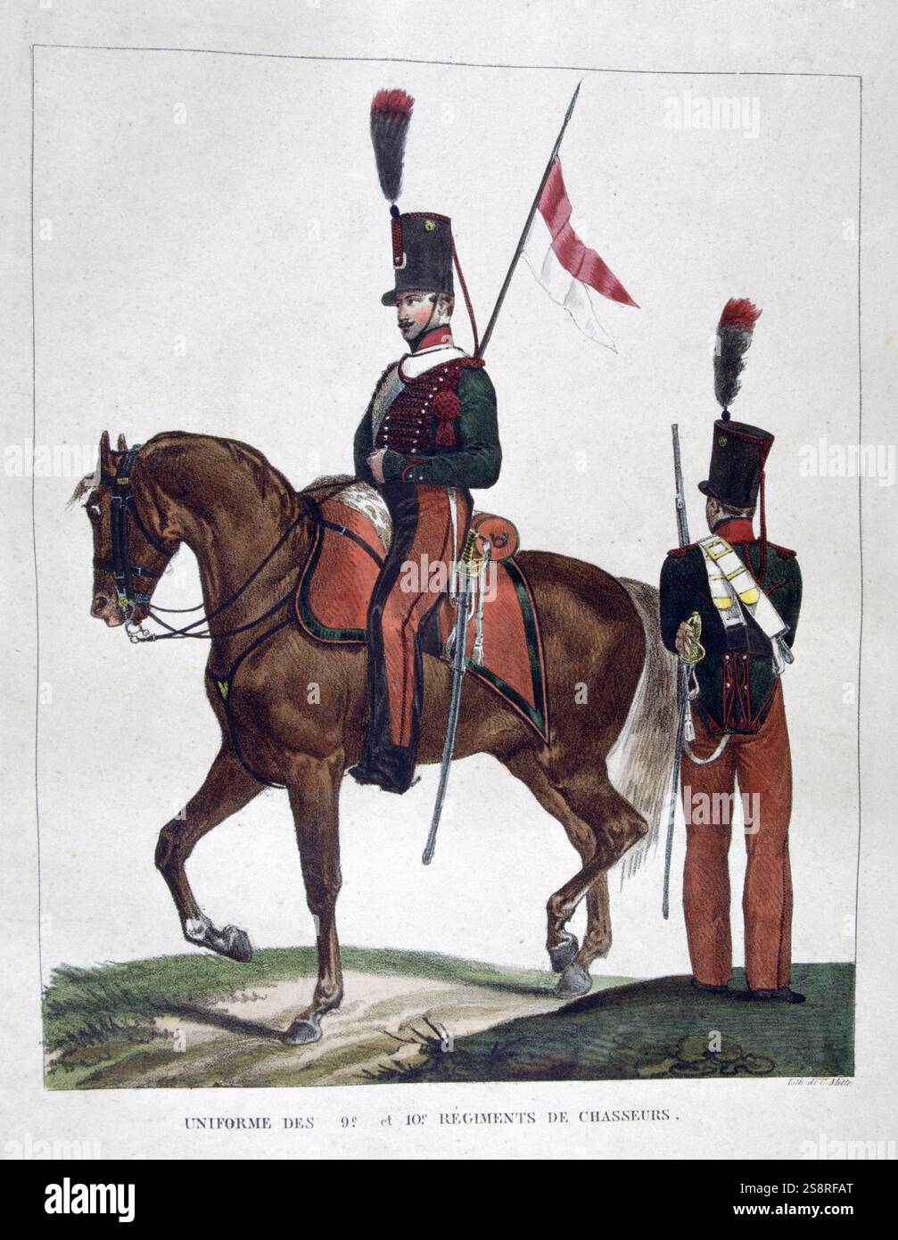Cavalryman in uniforme e soldato francese reggimento Chasseurs, 1823 Foto Stock