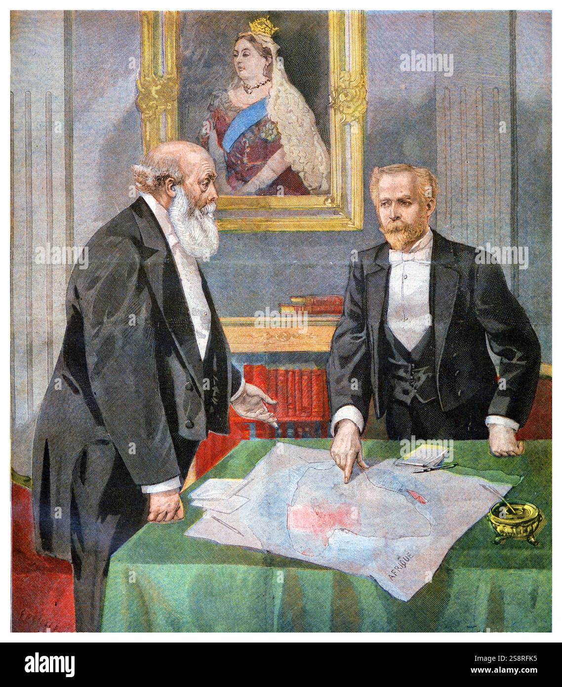Sotto un ritratto della regina Vittoria, Lord Salisbury (a sinistra) e Paul Cambon esaminano una mappa appendice alla convenzione anglo-francese del 1898, nota anche come convenzione del Niger, c'era un accordo tra Gran Bretagna e Francia che concludeva la divisione dell'Africa occidentale tra le potenze coloniali fissando finalmente i confini nelle aree contese della Nigeria settentrionale. È stato firmato dalla Francia il 14 giugno 1898 in "le Petit Journal", il 9 aprile 1899 Foto Stock
