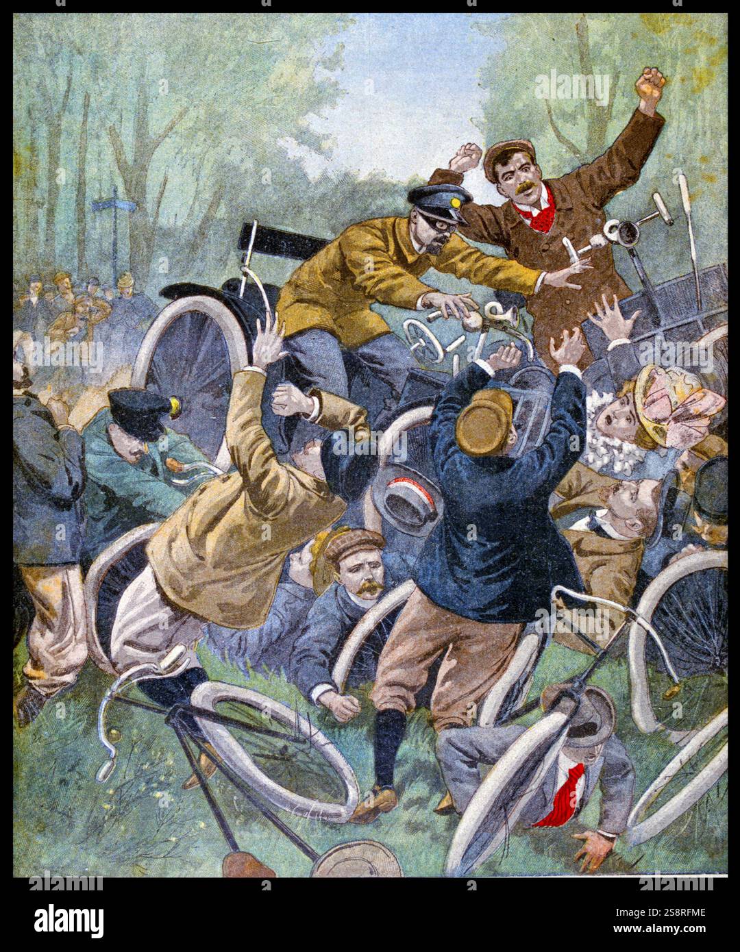 Illustrazione che mostra un incidente stradale che coinvolge un incidente di macchina e di collisione con le biciclette 1900 Foto Stock