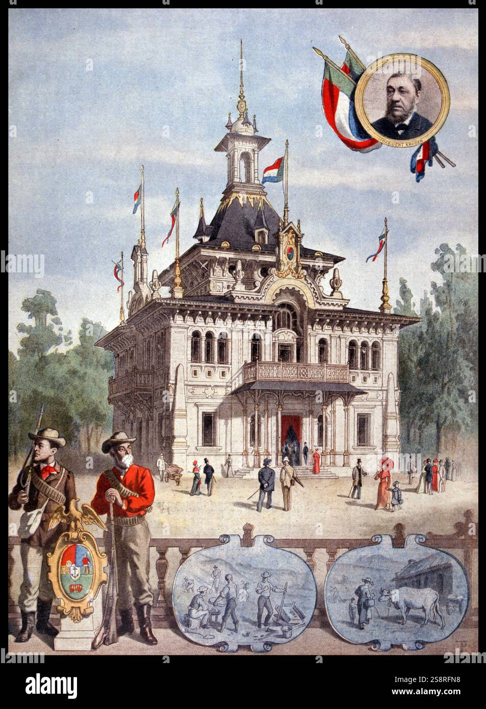 Illustrazione che mostra il Transvaal (Sud Africa) padiglione coloniale con un ritratto di Paul Kruger alla Exposition Universelle di 1900. Questa è stata una fiera che si tiene a Parigi, Francia, dal 14 aprile al 12 novembre 1900, per celebrare i successi del secolo scorso e di accelerare lo sviluppo nel successivo. Foto Stock