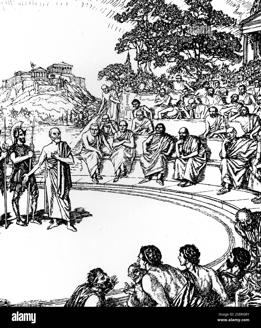 Illustrazione raffigurante la Scuola di Socrate. Socrate era un classico filosofo greco ed educatore. Datata xviii secolo Foto Stock