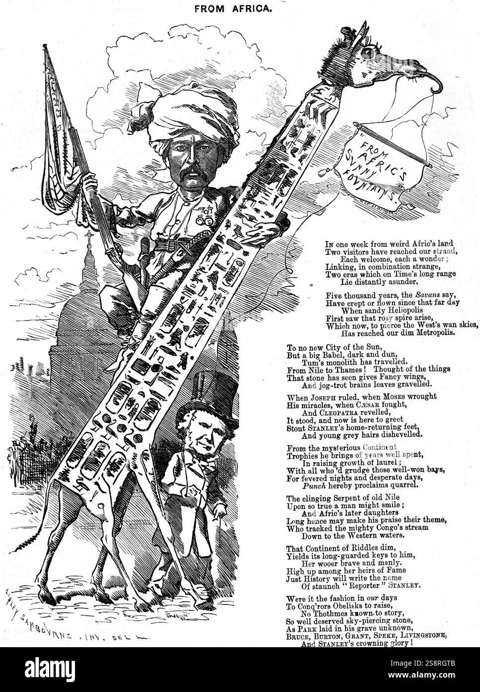 Punch cartoon di 1878 commemora il giornalista e Africa esploratore Henry Morton Stanley e Cleopatra Needle a Londra Foto Stock