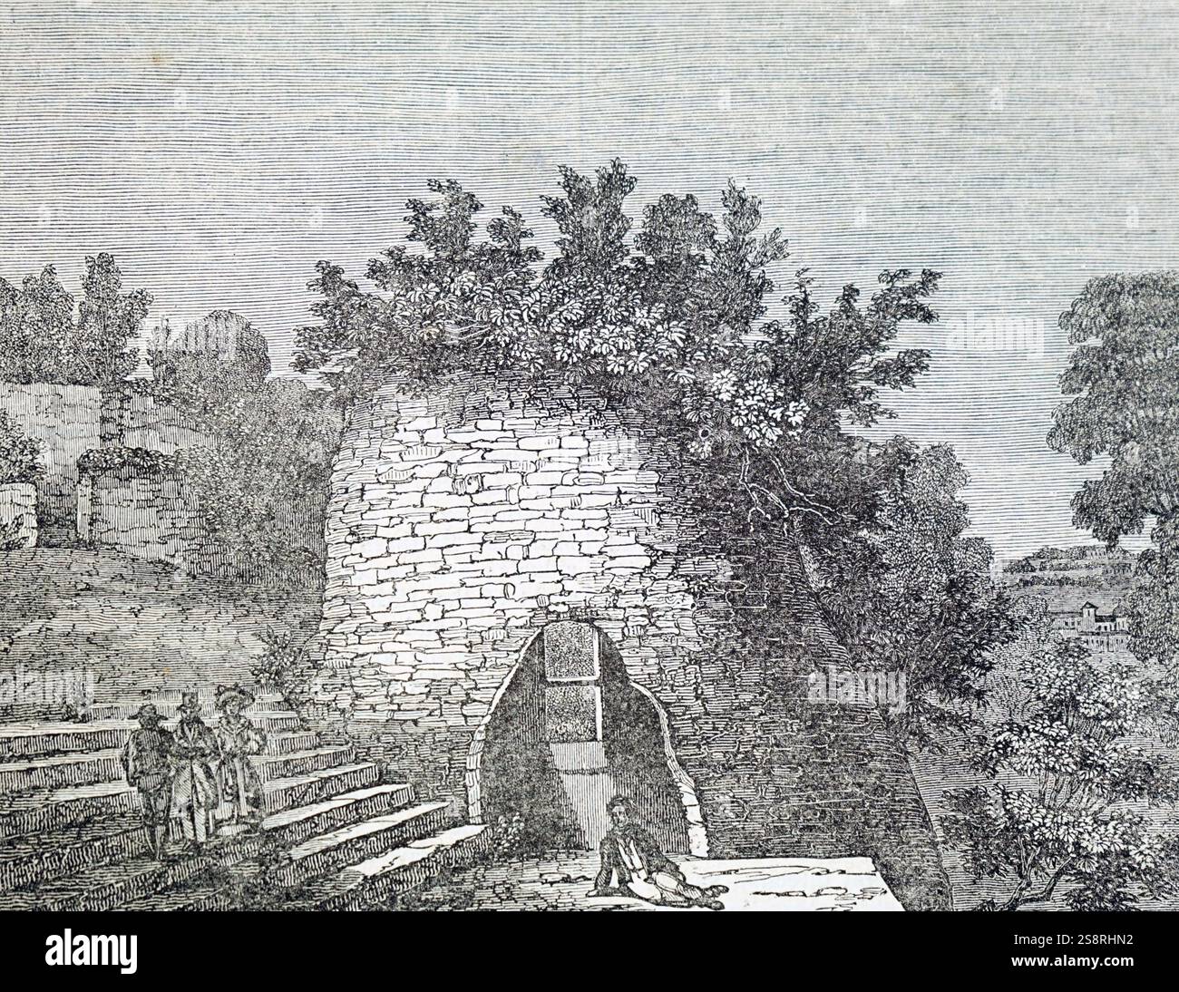 Illustrazione raffigurante una sepoltura romana archivio nel pensiero di Napoli ad essere tomba del poeta Virgilio. Virgilio (70 BC-19 BC) un antico poeta romano di età augustea. Datata del XIX secolo Foto Stock