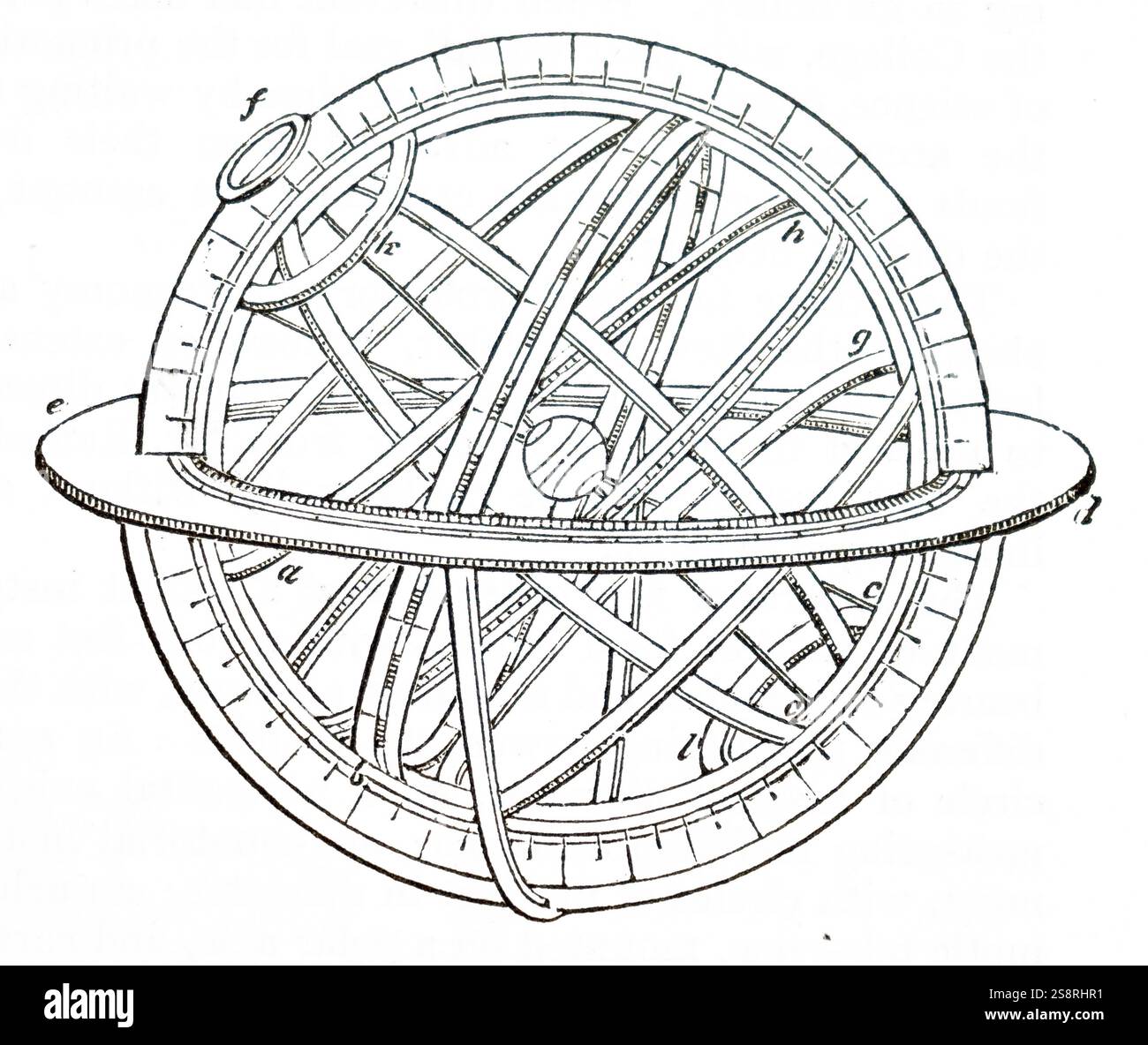 Illustrazione raffigurante una sfera armillare. Una sfera armillare è un modello di oggetti nel cielo costituito da un quadro di forma sferica di anelli, centrato sulla terra o il sole, che rappresentano le linee celesti di longitudine e latitudine ed altri astronomicamente importanti caratteristiche come l'eclittica. Datata XVI Secolo Foto Stock