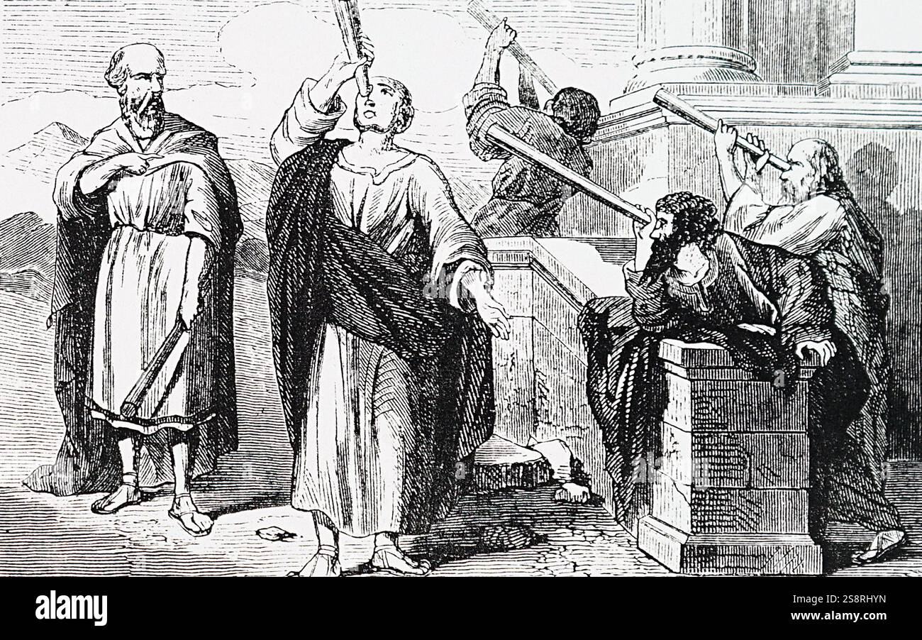 Illustrazione raffiguranti antichi astronomo utilizzando "avvistamento tubi" per osservare il cielo. Datata del XIX secolo Foto Stock