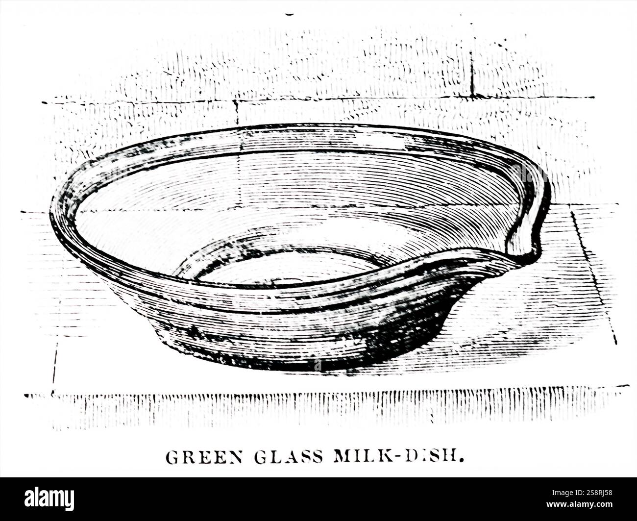 Incisione raffigurante un vetro verde latte-piatto in cui la crema è stata lasciata salire. Datata del XIX secolo Foto Stock