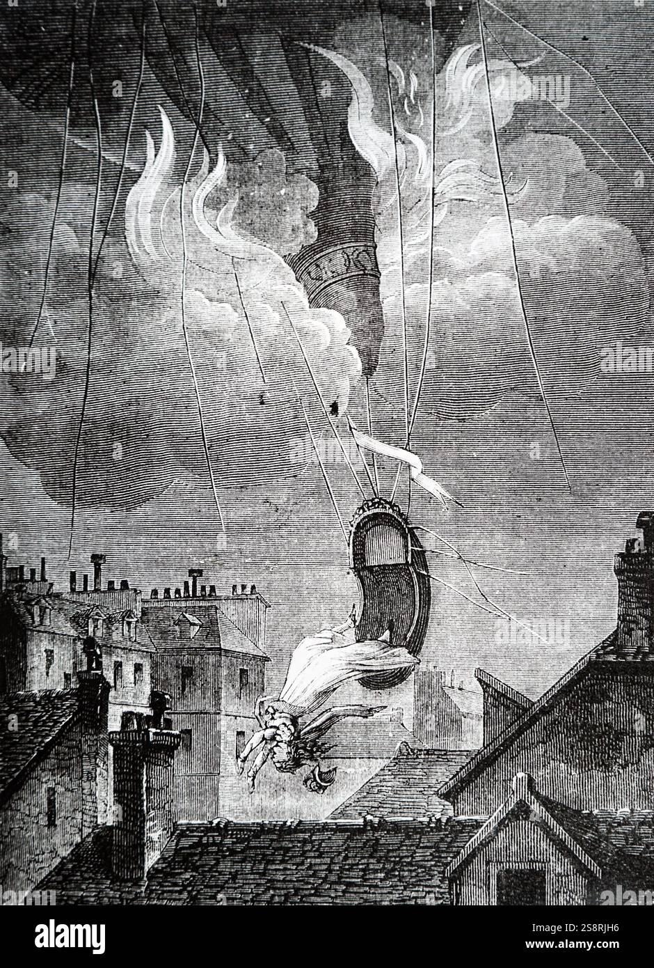 Incisione raffigurante Sophie Blanchard la mongolfiera fatale incidente. Sophie Blanchard (1778-1819) un aeronaut francese e moglie di Jean-Pierre Blanchard. Datata del XIX secolo Foto Stock