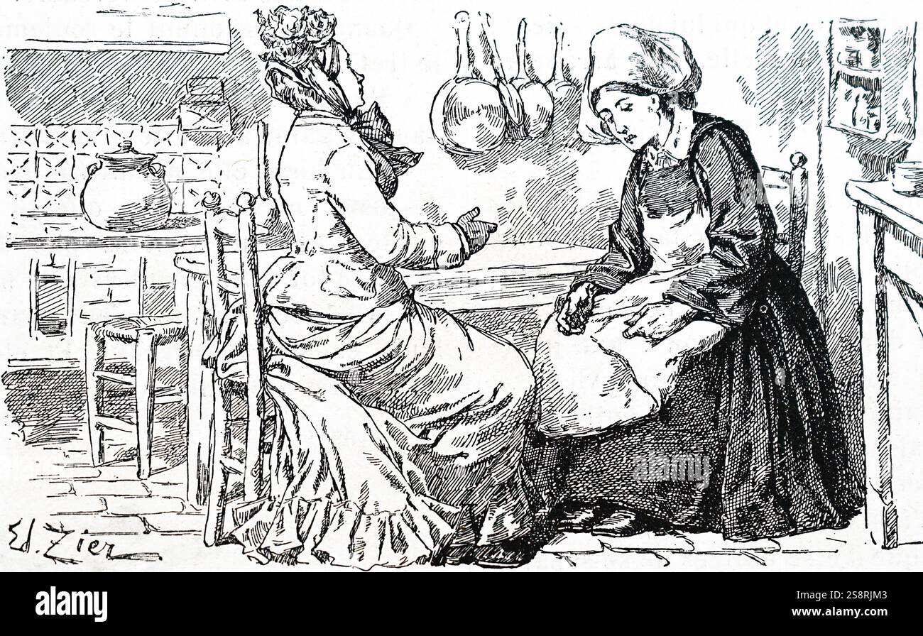 Incisione raffigurante un cuoco e una cameriera in una cucina in Francia. Datata del XIX secolo Foto Stock